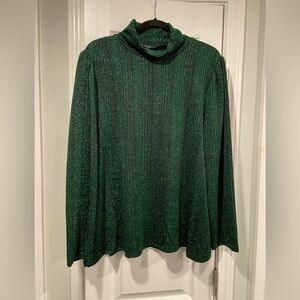 NWT Grace Size 2X Green Metallic Black Long Sleeve Mock Neck Stretch Blouse